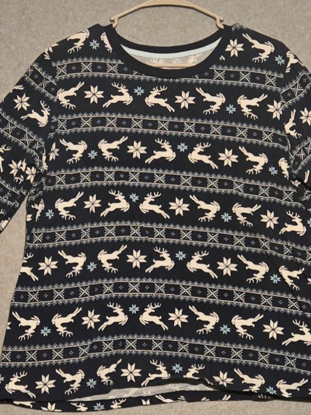 Holiday Time Blue Christmas Snow Flake Reindeer Print Long Sleeve Women's Sz L